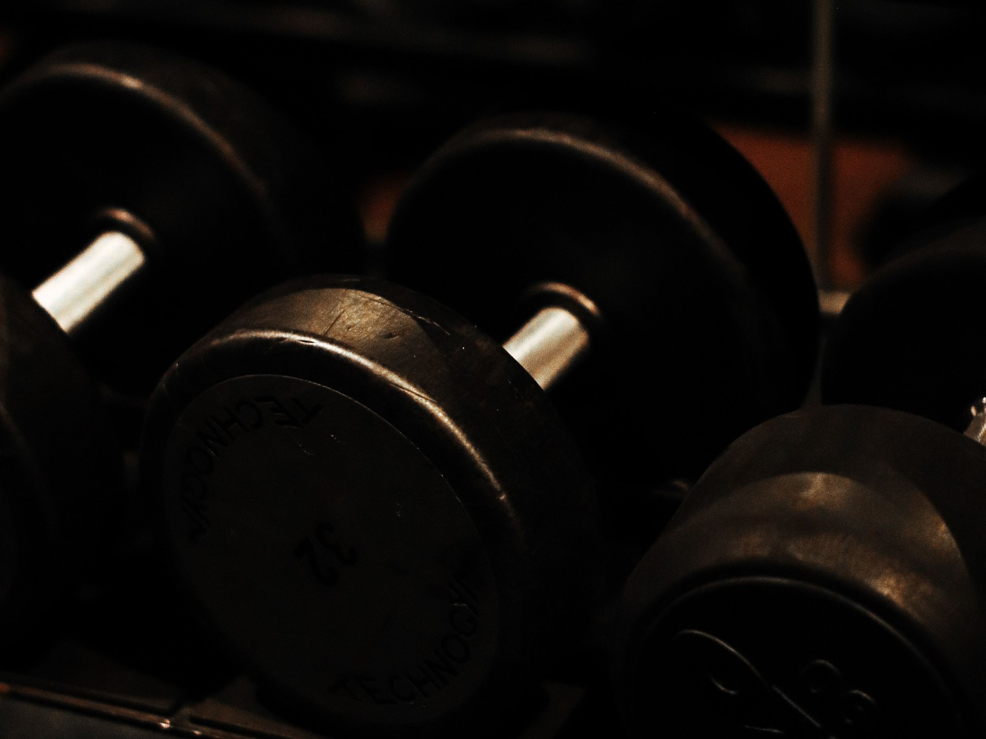 Mancuernas ordenadas en un rack de gimnasio